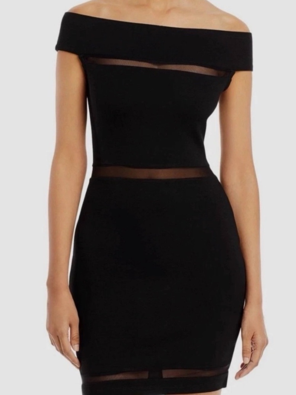 French Connection Black Off-Shoulder Mesh-Trim Mini Dress